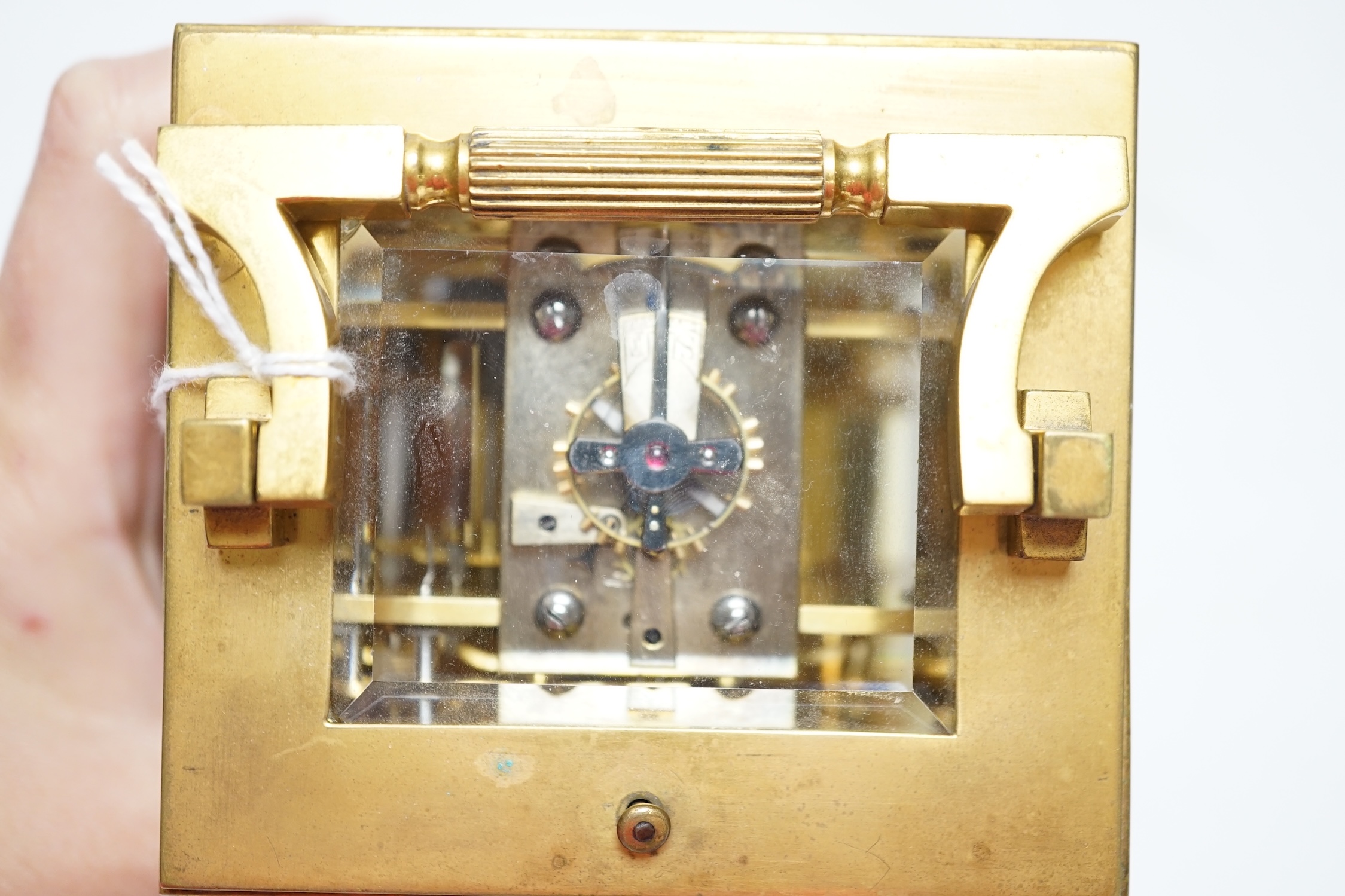 A late 19th century French repeating carriage clock, with Richard movement, in travelling case with key, 15cm high. Condition - good not tested for time keeping